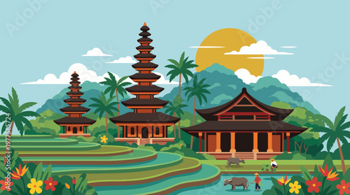 This stunning Bali landscape features traditional architecture set against lush greenery and mountains, embodying tranquility and cultural richness, perfect for travel and nature themes.