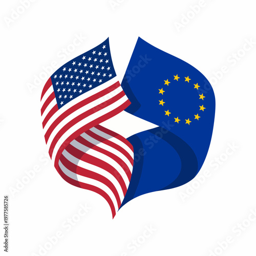 This visually dynamic representation of the USA and EU flags intertwined conveys unity, partnership, and cooperation between the two regions, ideal for political and economic themes.