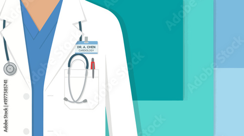The image presents a close-up view of a doctor in a lab coat, showcasing a stethoscope and name badge, symbolizing professionalism in the medical field.