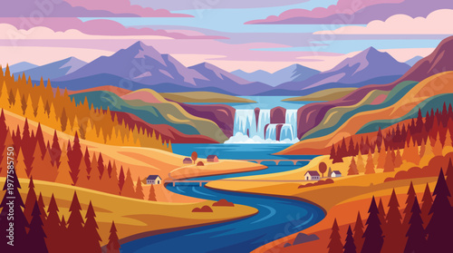 The image displays a serene autumn landscape, featuring a beautiful waterfall amidst colorful trees and mountains, reflecting peacefulness and tranquility in nature.