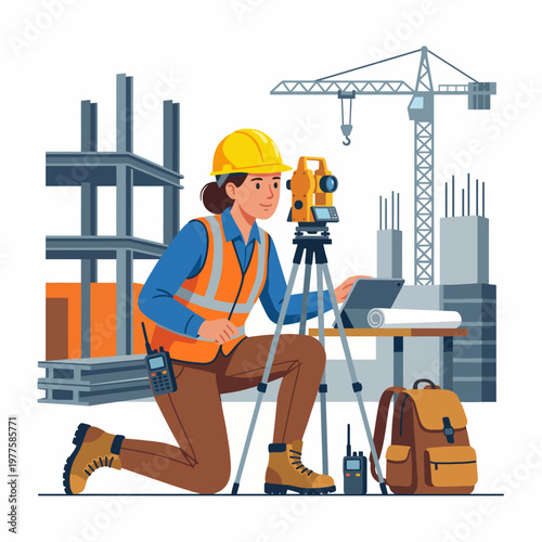 A professional woman in a hard hat uses a theodolite at a construction site, showcasing tools and equipment for surveying and project management in progress.