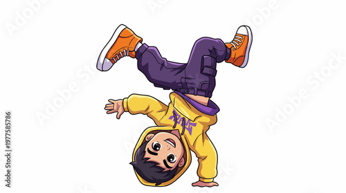 A playful child in an urban outfit performs a breakdancing move, showing energy and creativity in a vibrant and stylish manner that captures the joy of dance.