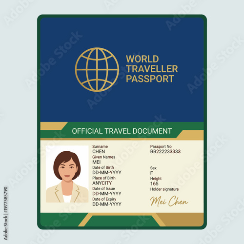 An official travel document passport, displaying personal data representation, useful for educational and professional purposes in travel and identity verification contexts.