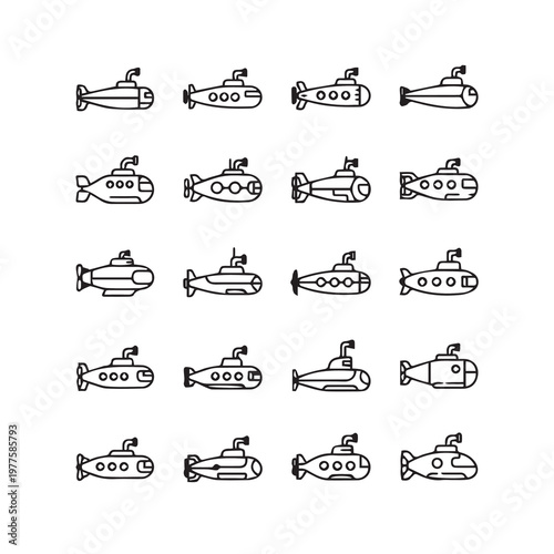 Various Submarine Icons Collection Vector Art Minimalist Style Underwater Vehicle Set