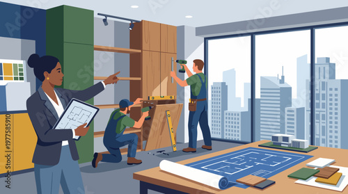 A diverse team of professionals collaborates on furniture assembly in a trendy office environment with city views, showcasing teamwork and attention to detail in architecture.