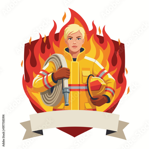 A brave female firefighter stands confidently with her gear amid flames, embodying heroism, strength, and determination in the face of danger while promoting safety.