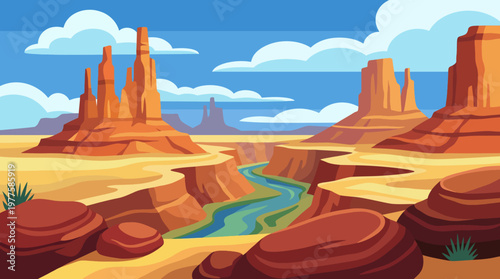 A picturesque desert scene showcasing impressive rock formations and a winding river, representing the beauty of nature's geological wonders and serene landscapes.