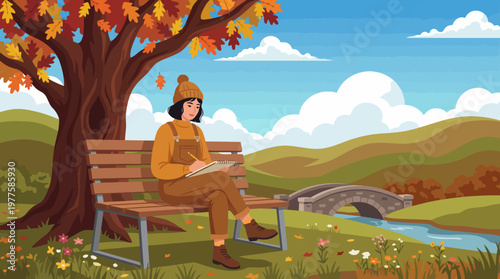 Foto A young woman enjoys the autumn ambiance as she sketches in a vibrant park, surrounded by colorful leaves and nature, celebrating creativity and tranquility during fall