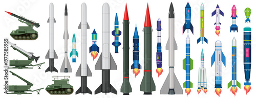 Large collection of military missiles, space rockets and ballistic weapons