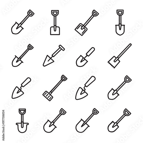 Various Shovel Types Collection Gardening Tools Icons Simple Line Art Isolated on White Background