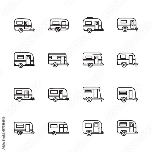 Various Vintage Caravan Icons Vector Set Retro Travel Trailer Outline Graphics Minimalist Design
