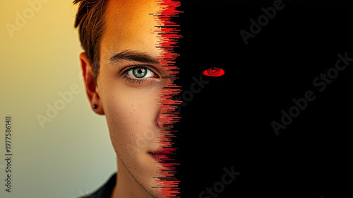 Split image - Left side - Attractive, confident person (clean, bright lighting) -Right side - Same person but dark, shadow face with sinister look. Slight glitch or fade between both 