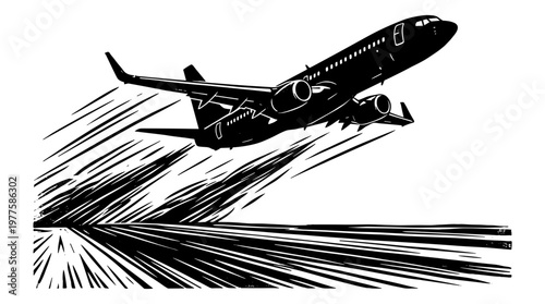 Black and white airplane vector illustration, commercial jet taking off with speed lines, aviation transport silhouette, passenger plane flying