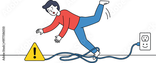 Person tripping over electric cable with warning sign accident risk safety hazard modern flat vector illustration for workplace prevention concept