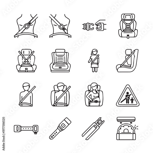 Vehicle Safety Harness Icons Collection with Diverse Child Restraint Systems