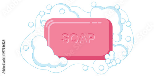 A pink bar of soap surrounded by bubbles on a white background