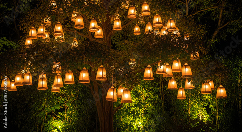 A festive display of numerous glowing lanterns hanging from trees in a dark garden at night time illustration