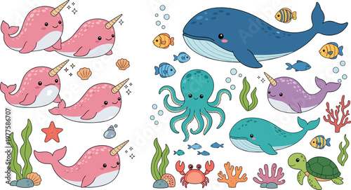 Cute ocean animals collection with narwhal whale octopus fish crab turtle and coral reef cartoon vector illustration set