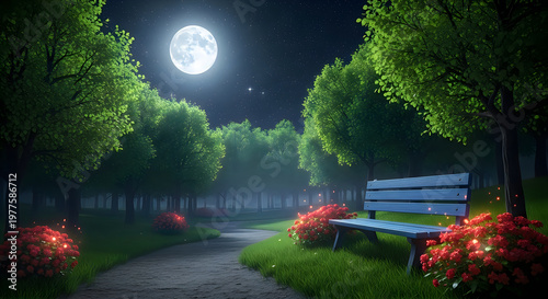 A serene park bench sits under a full moon in a lush garden setting at night with vibrant flowers illustration