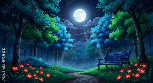 A serene pixel art landscape featuring a glowing full moon over a lush garden with a quiet bench illustration
