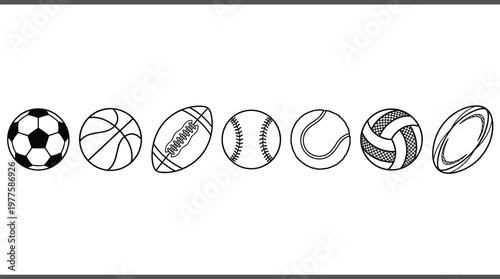 Sports balls icons set including soccer basketball rugby baseball tennis volleyball and frisbee line art vector illustration collection