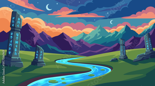This image depicts a tranquil landscape with flowing water and ancient stone related to mythical runes, illustrating the beauty of nature intertwined with history and magic.