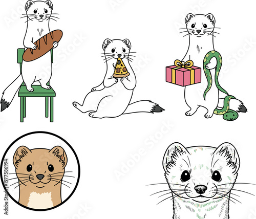 Cute ferret cartoon set with food and gifts, playful pet illustrations with different poses and expressions