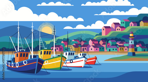 A picturesque harbor scene featuring cheerful fishing boats and a lighthouse, set against a vibrant backdrop, embodying coastal life and community spirit.