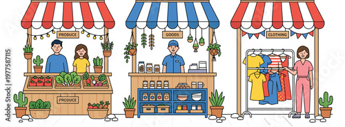 Street market shops with produce grocery and clothing stalls small business retail concept colorful flat vector illustration