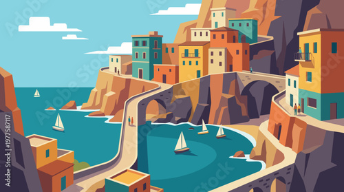An artistic representation of a vibrant coastal town built on rocky cliffs, featuring colorful buildings and boats, capturing the essence of seaside charm and adventure.