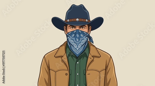A bold and striking illustration of a cowboy wearing a hat and bandana, presenting a figure of strength and resilience, embodying the spirit of the Wild West.