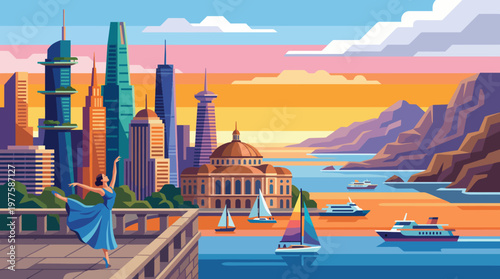 A breathtaking skyline featuring modern skyscrapers, a serene dancer holding a graceful pose, capturing the essence of elegance, beauty, and vibrant urban life at sunset.