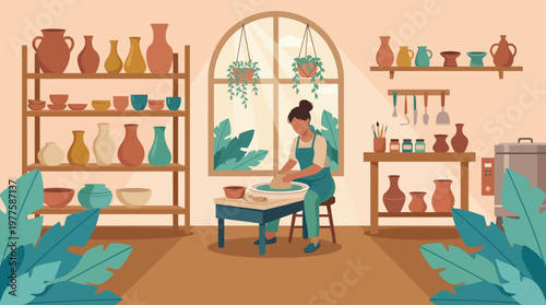 An artisan potter skillfully creates a pottery piece at a workshop, emphasizing the art of craftsmanship and connection with traditional, manual skills in creating beauty.
