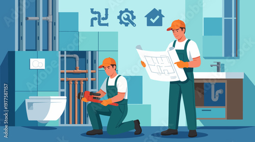Two professional plumbers are depicted in a modern bathroom, working effectively with tools and blueprints, showcasing expertise in home repairs and improvements.
