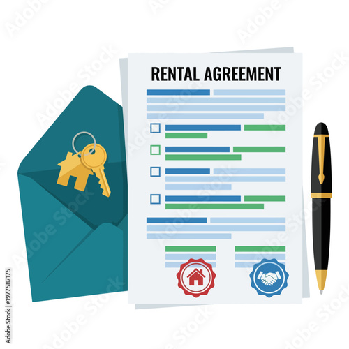A detailed rental agreement document alongside a house key and envelope illustrates the crucial aspects of renting a property, highlighting organizational readiness.