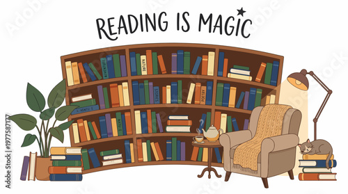 A charming reading nook showcases a bookshelf full of colorful books beside a cozy armchair with a cat curled up, inviting readers to indulge in the magic of literature.