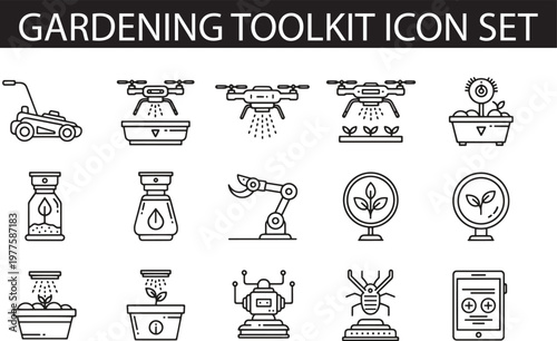 Gardening Toolkit Icon Set Featuring Black Line Vector Illustrations for Smart Agriculture Technology Including Drones Robotic Arms Automatic Watering and Digital Farming Tools on White Background
