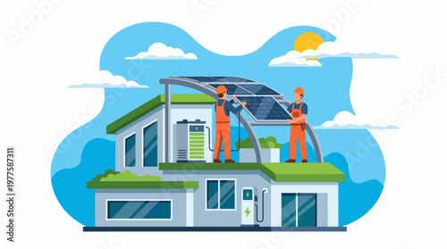Two workers install solar panels on a contemporary eco-friendly house, promoting renewable energy and sustainability in an engaging visual representation.