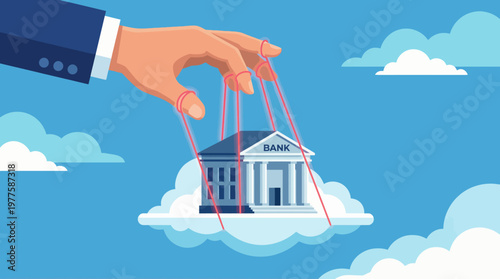 A large hand pulls strings attached to a bank building, suggesting control and manipulation in financial systems, presented in a playful and thought-provoking manner.