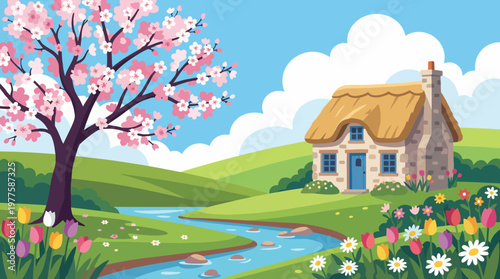A picturesque cottage with a thatched roof surrounded by blooming cherry trees and a babbling brook, creating a serene and idyllic spring scene in nature.