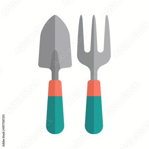 A colorful illustration of gardening tools, including a shovel and fork, representing outdoor activities and hobbies in a visually appealing and functional design.