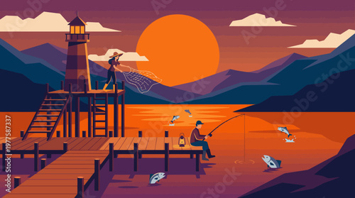 A tranquil scene of fishing at sunset, highlighting the silhouetted fisherman casting his line from a wooden dock against a vibrant, colorful sunset over calm waters.