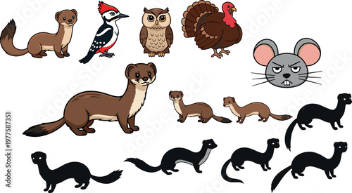 Ferret cartoon set with woodland animals, cute mustelid characters and silhouettes, forest wildlife illustration collection