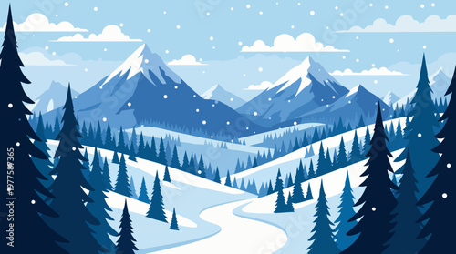 A stunning winter landscape featuring snow-covered mountains and evergreen trees, evoking a serene sense of tranquility and the beauty of nature during the colder months.