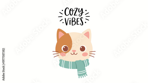 A cute cartoon cat wearing a scarf, radiating cozy vibes that evoke comfort and warmth, ideal for pet-related products and cozy lifestyle themes.