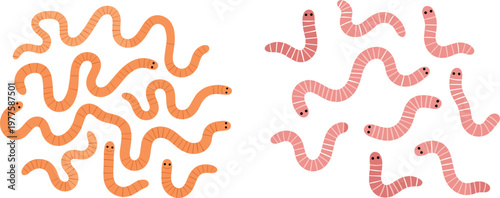 Cute earthworm vector set with cartoon worms, simple underground creatures collection for kids illustration, gardening and nature design projects