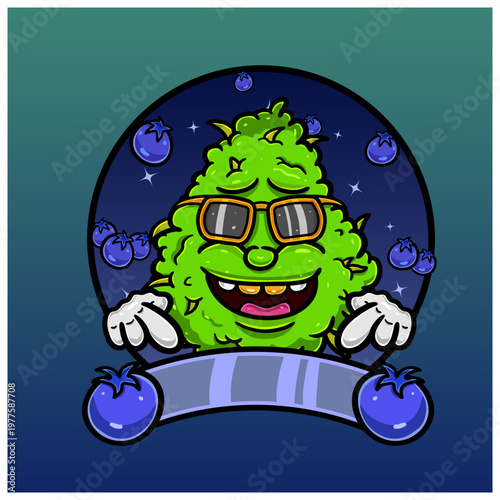 Weed Bud Cartoon With Blueberry Flavor. Weed Design For Logo, Label and Packaging Product.