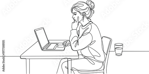 Woman working on laptop thinking and focusing at desk line art vector illustration for remote work and productivity concept