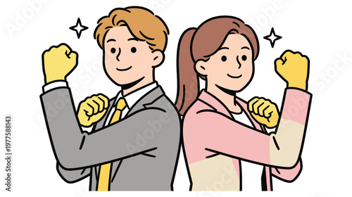 Man and woman in business suits flexing muscles with yellow gloves.