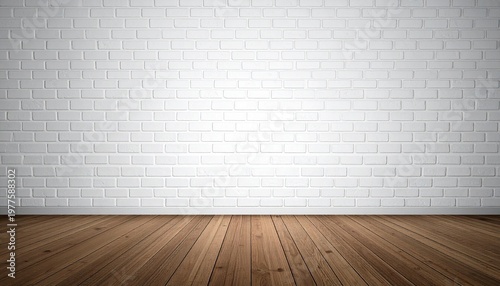 Empty Modern Room with White Brick Wall and Natural Wooden Floor Providing a Clean Minimalist Background for Mockups and Interior Design